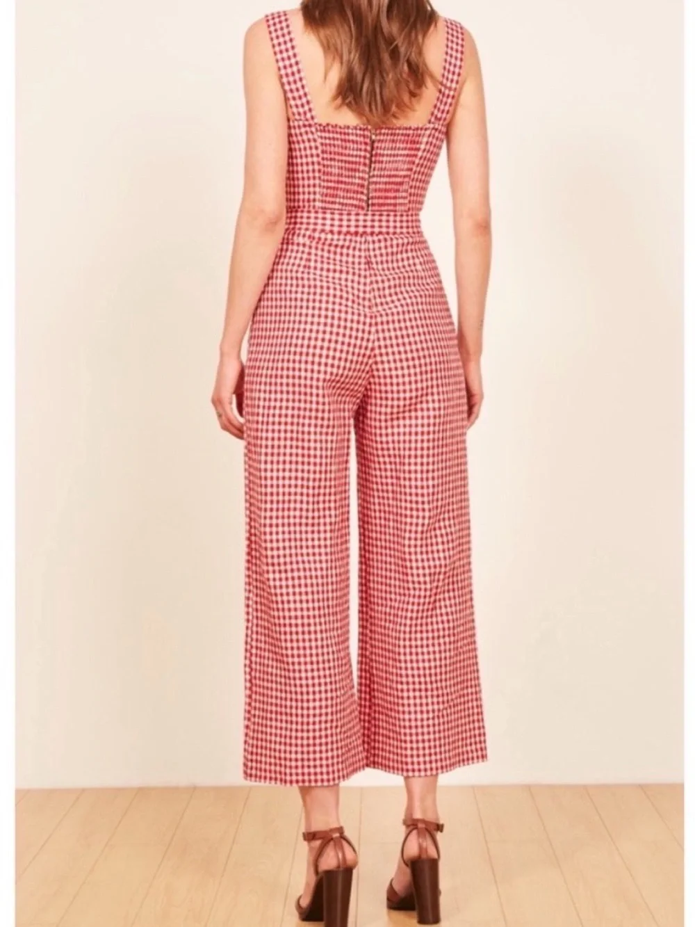 Reformation Birch Jumpsuit in Red May Check 100% Linen size 8.